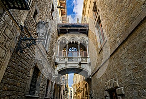 El Pont del Bisbe or BishopÃ¢â¬â¢s Bridge in Barcelona, Spain photo